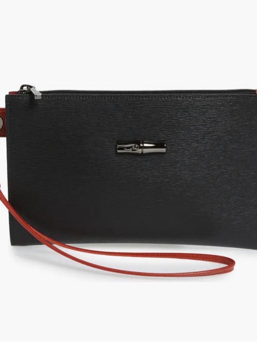 Longchamp Roseau Black Leather Wristlet with Rust Strap and Silver Hardware EUC